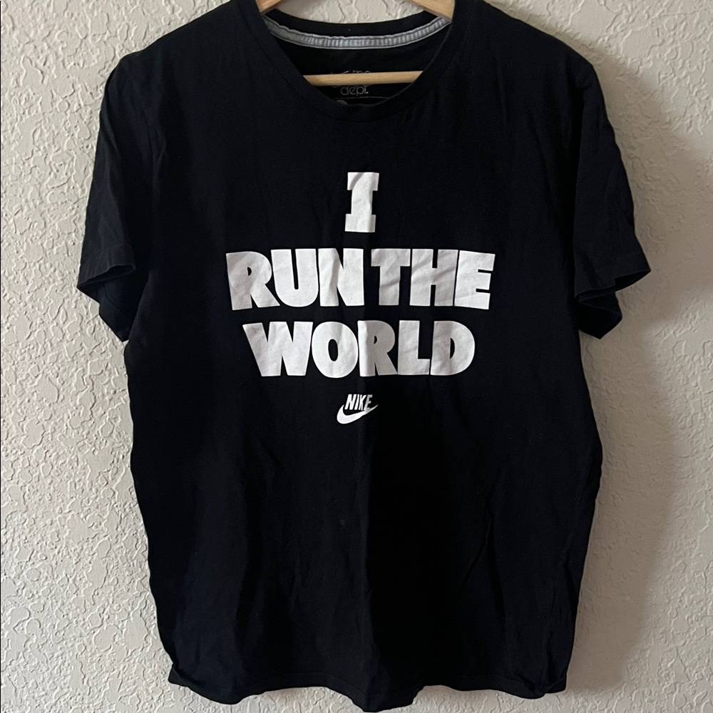 Nike Black T-Shirt with White 'I Run The World' Print